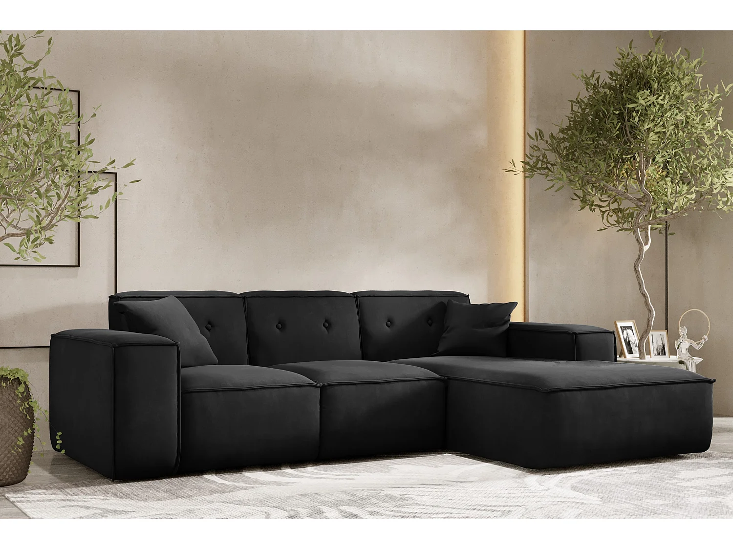 Canapé d'angle en L PULA, tissu Opera Velvet, noir, droit