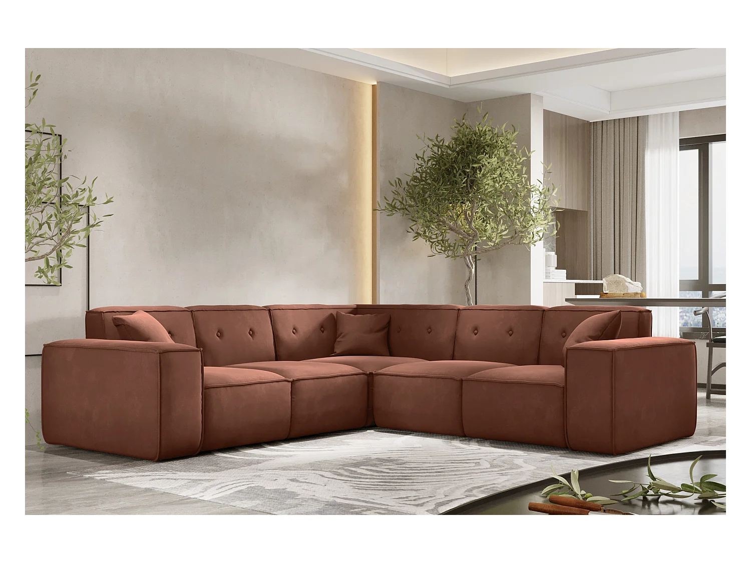 Canapé d'angle PULA, tissu Opera Velvet, brique