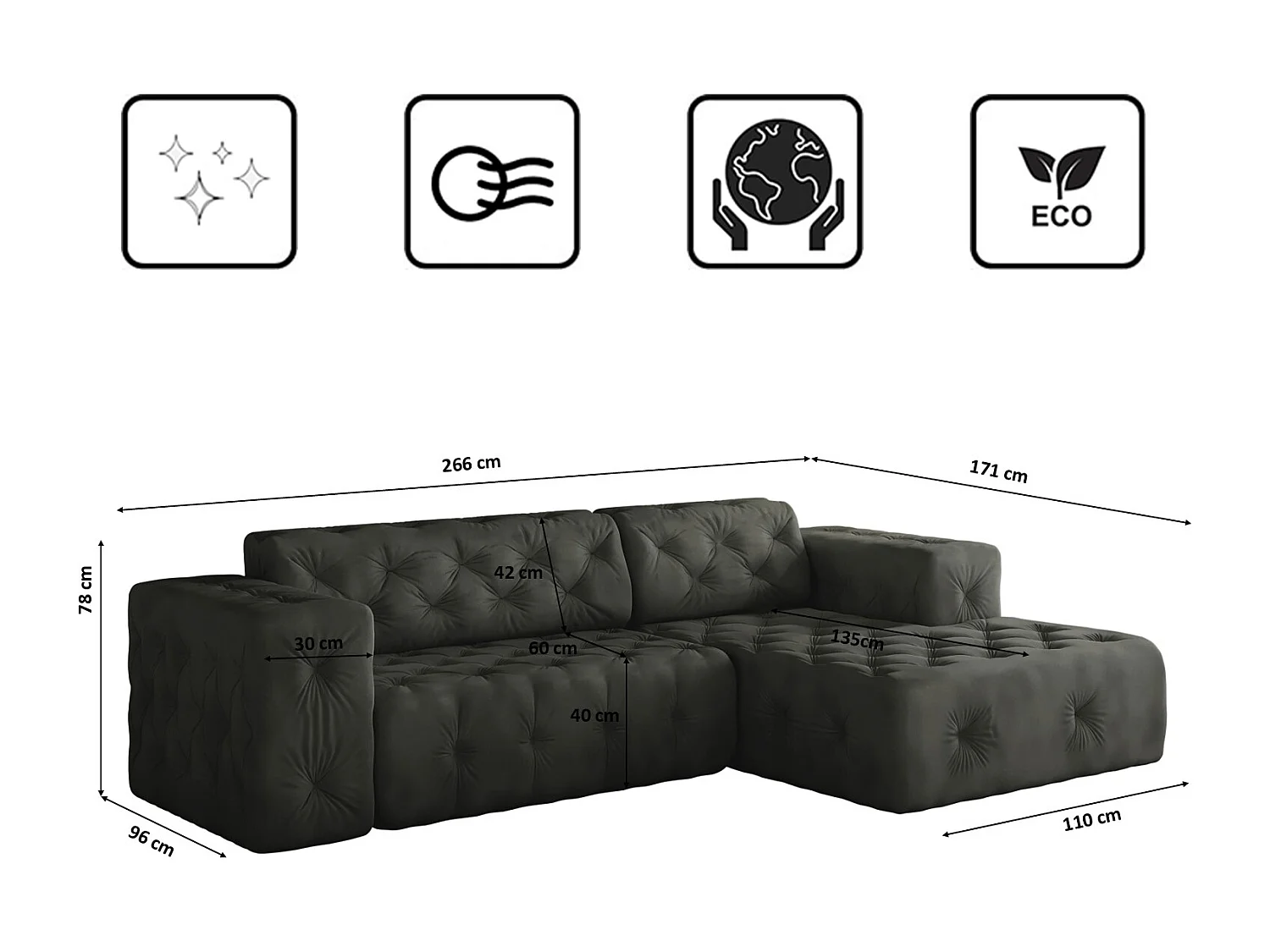 Ecksofa LUX L-Form, Stoff Whisper, Graphit, Rechts