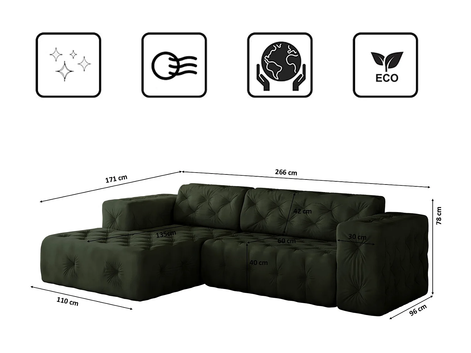 Ecksofa LUX L-Form, Stoff Whisper, Grün, Links