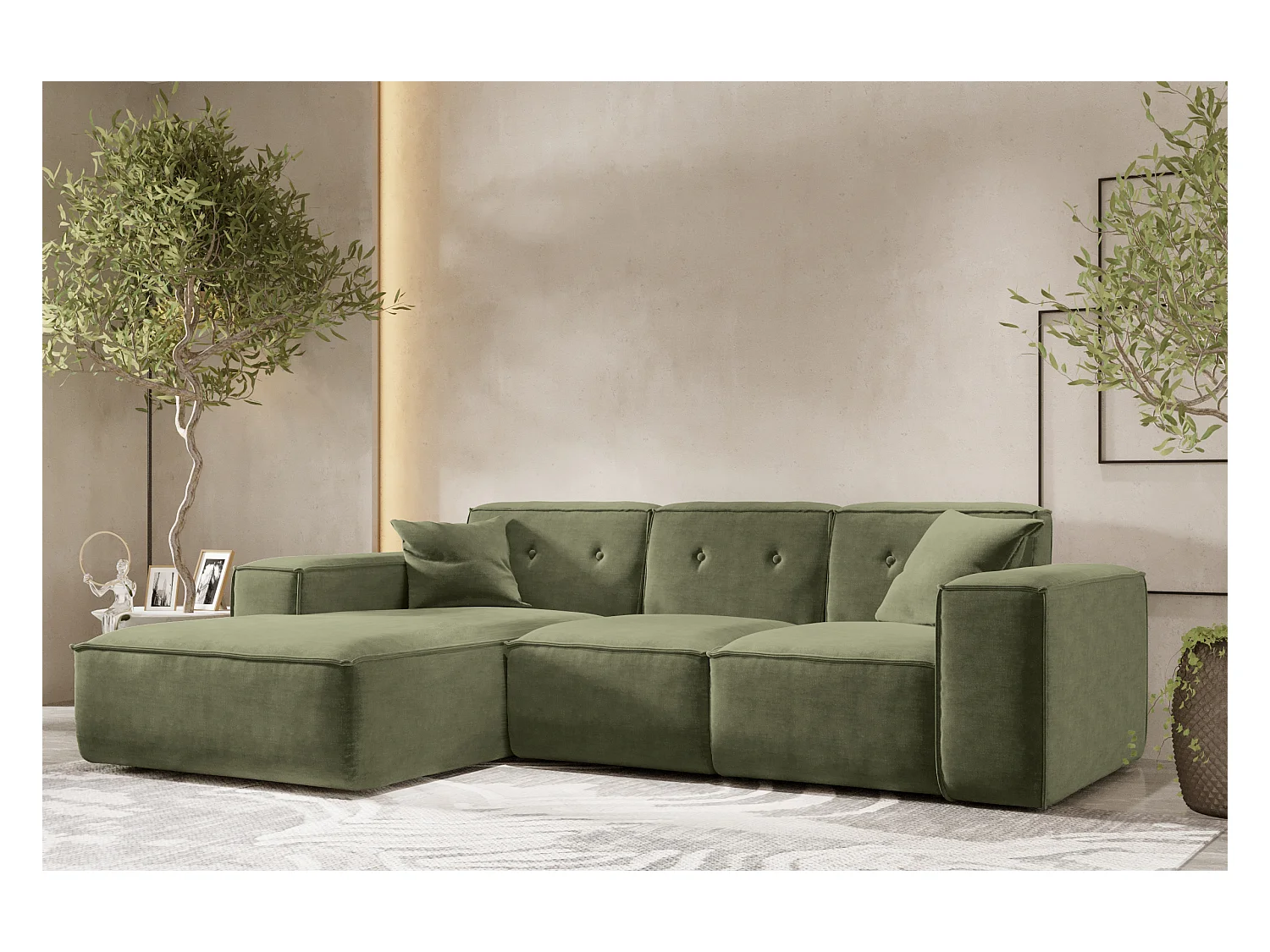 Canapé d'angle en L PULA, tissu Perfect Harmony, vert, gauche