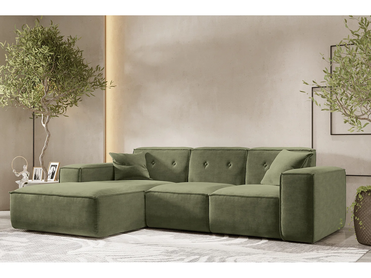 Canapé d'angle en L PULA, tissu Perfect Harmony, vert, gauche