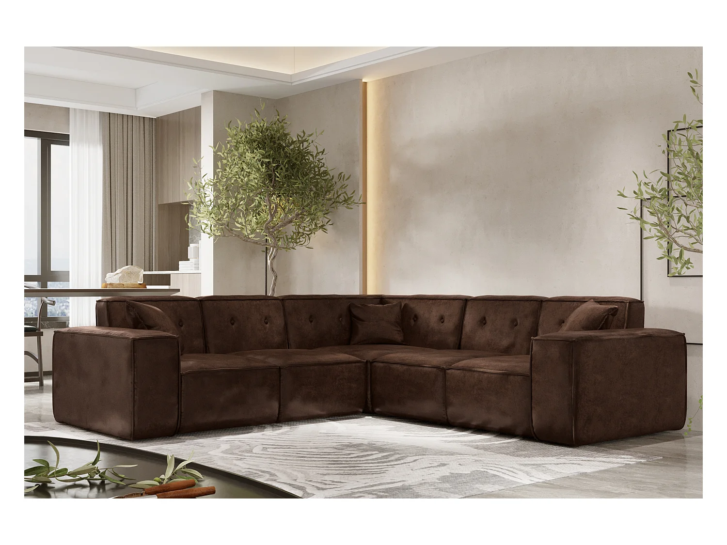 Canapé d'angle PULA, tissu Gobi, marron foncé