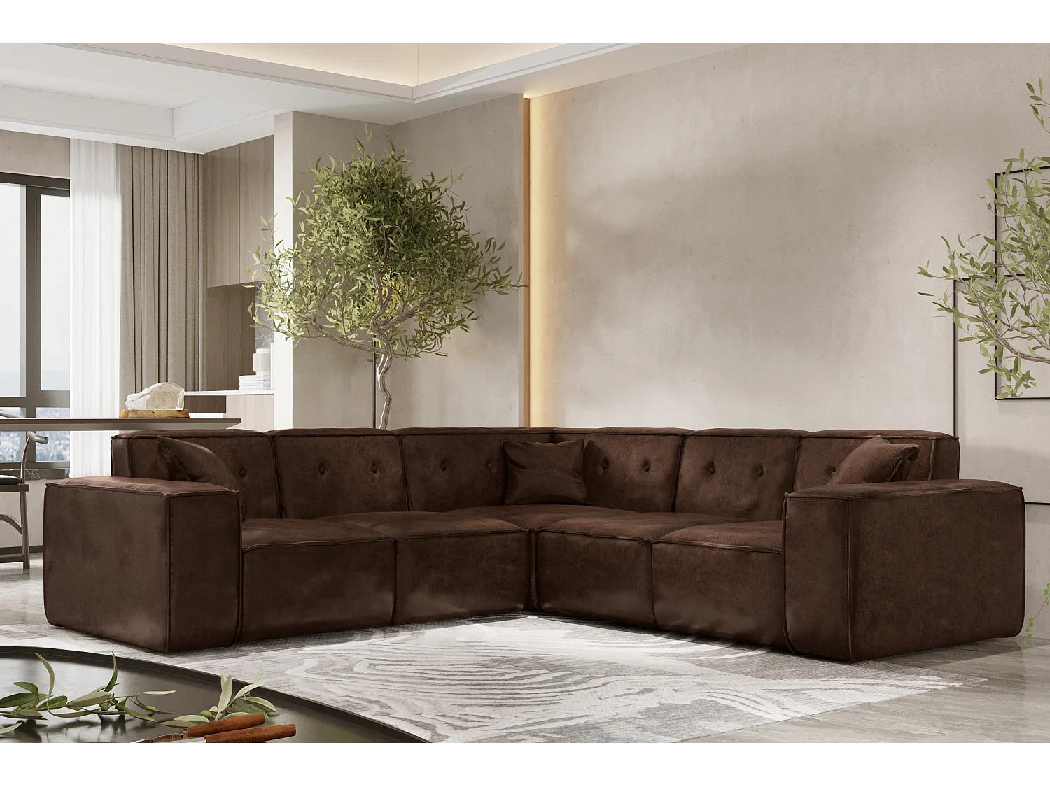 Canapé d'angle PULA, tissu Gobi, marron foncé