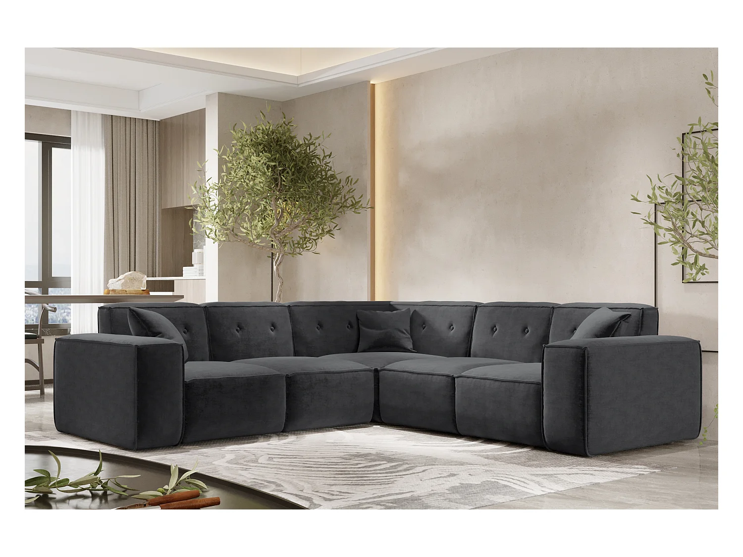 Canapé d'angle PULA, tissu Perfect Harmony, noir