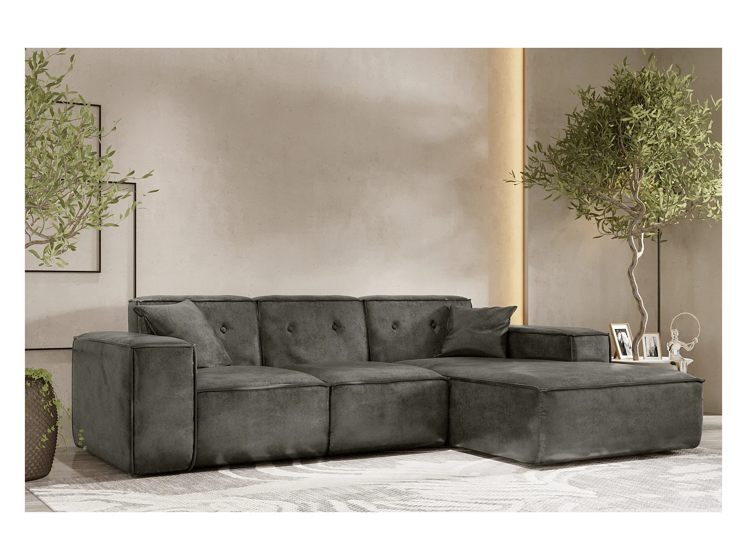 Canapé d'angle PULA en L, tissu Gobi, gris, droit