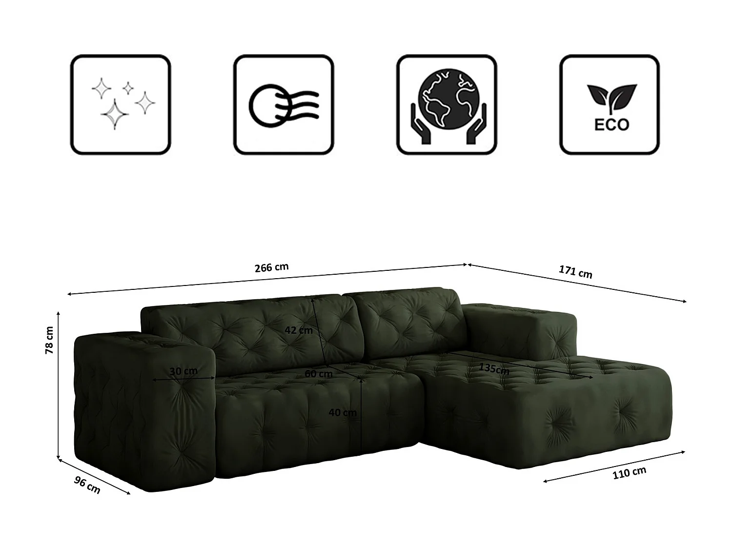Ecksofa LUX L-Form, Stoff Whisper, Grün, Rechts