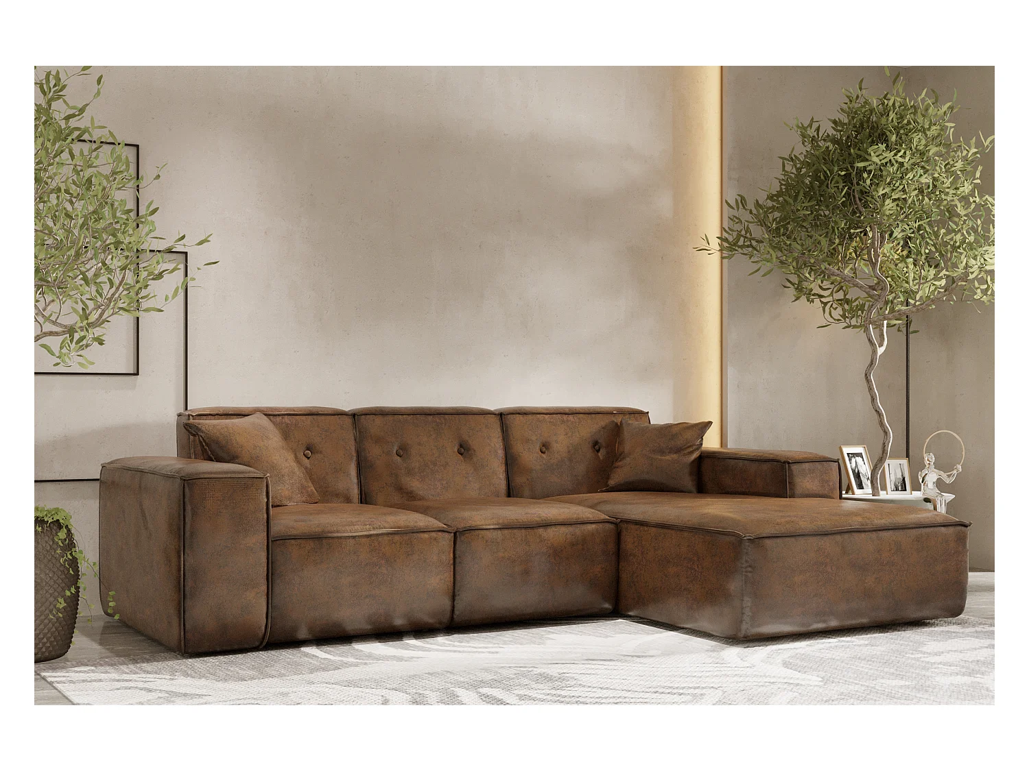 Canapé d'angle PULA en L, tissu Gobi, marron, droit