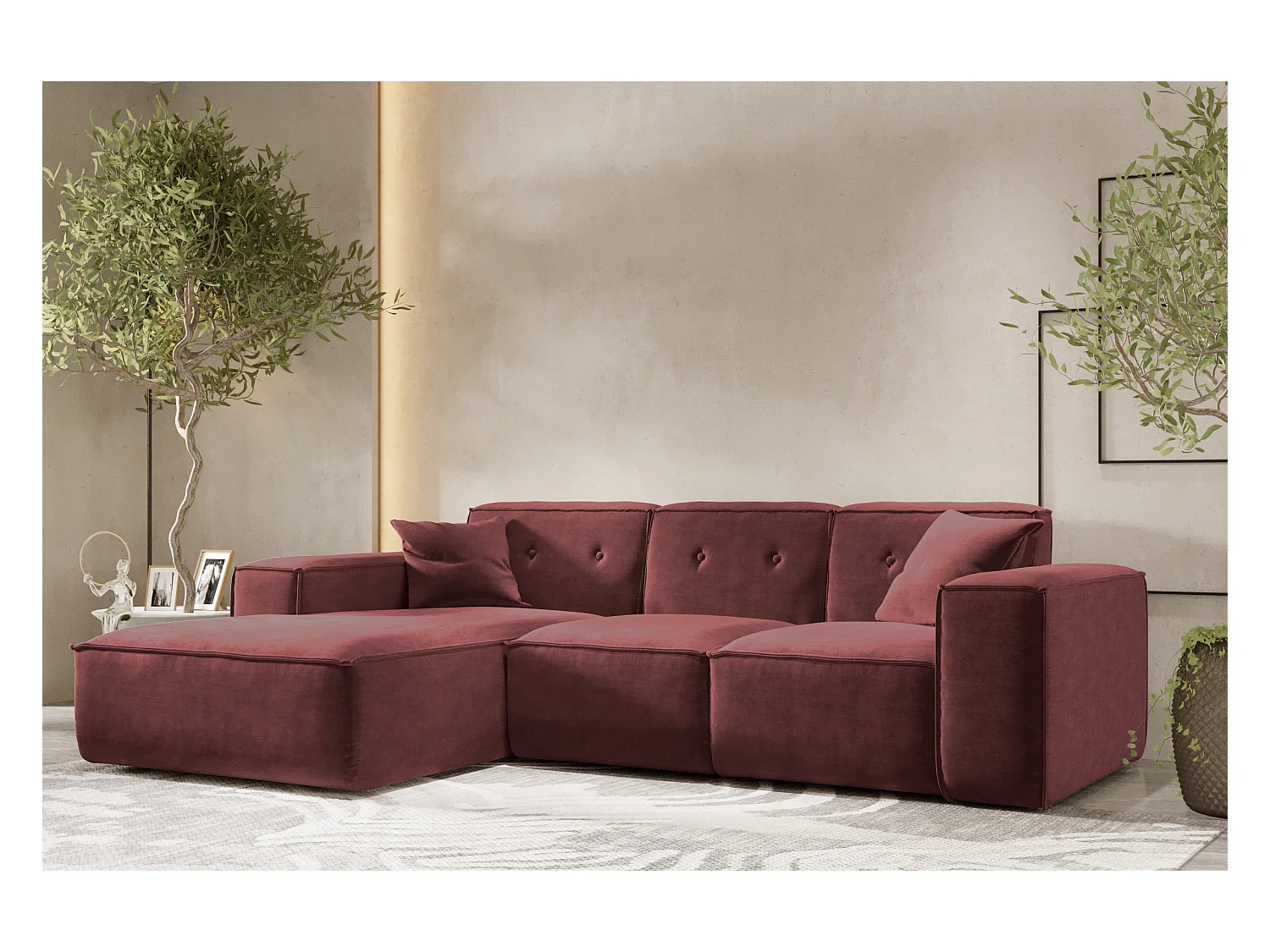 Canapé d'angle en L PULA, tissu Perfect Harmony, vin rouge, gauche