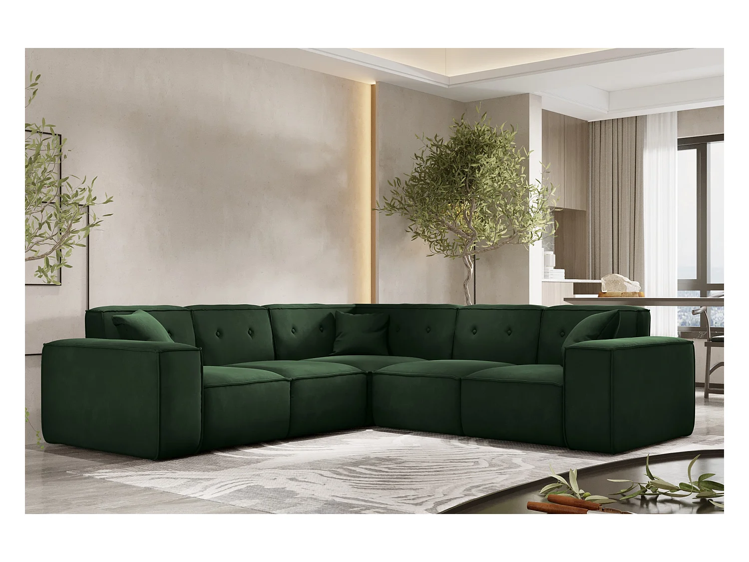 Canapé d'angle PULA, tissu Opera Velvet, vert foncé