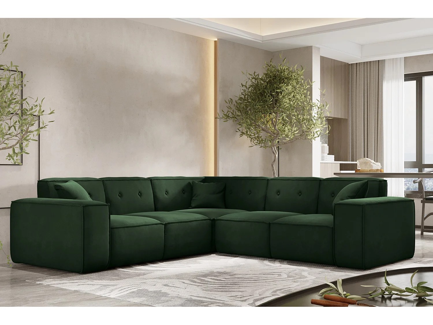 Canapé d'angle PULA, tissu Opera Velvet, vert foncé