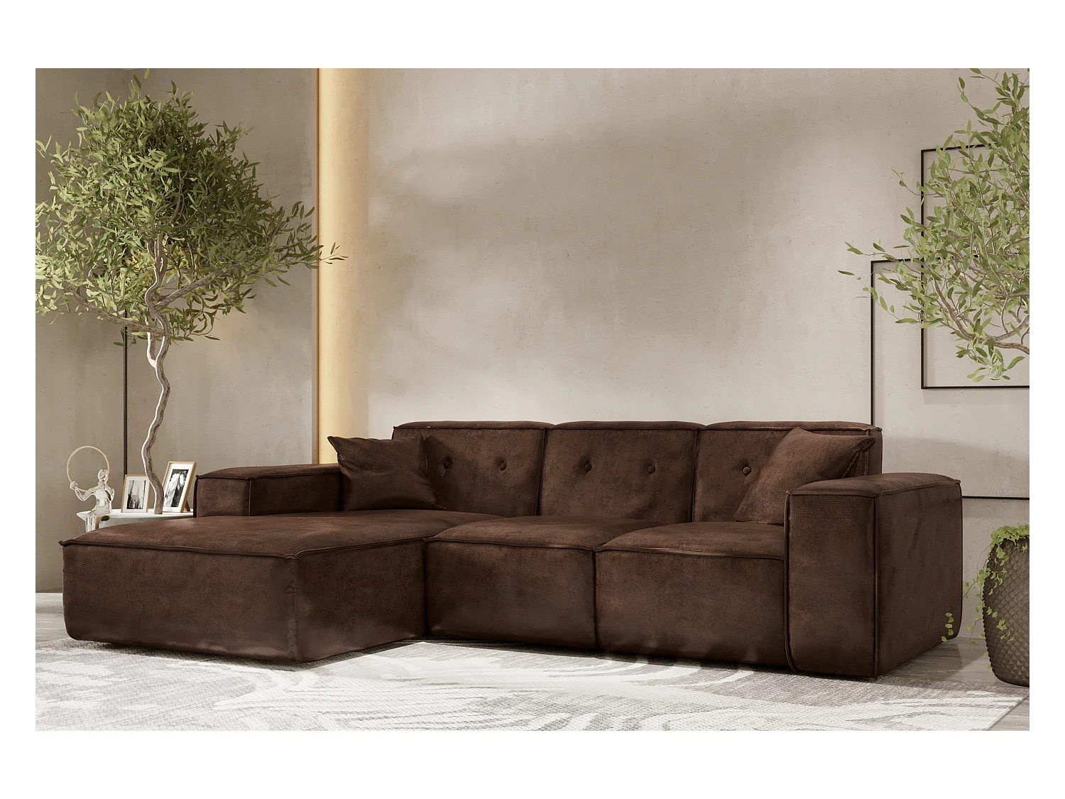 Canapé d'angle PULA en L, tissu Gobi, marron foncé, gauche