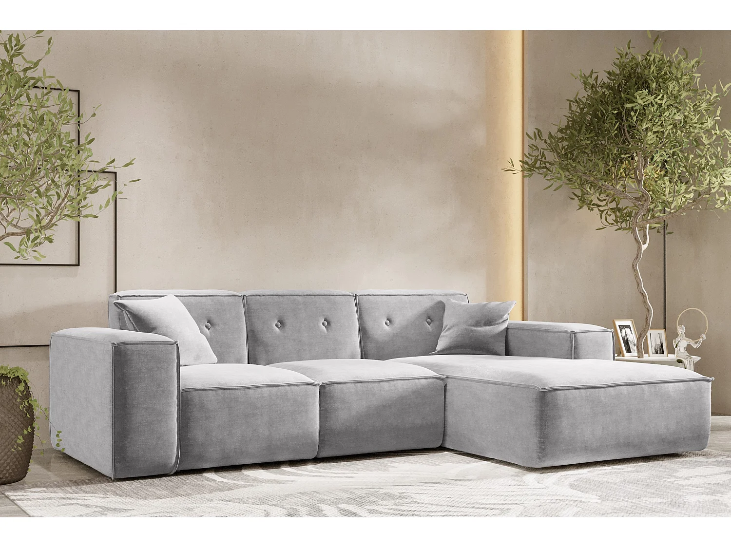 Canapé d'angle en L PULA, tissu Perfect Harmony, gris, droit