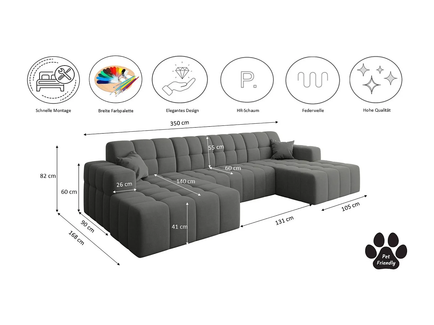 Ecksofa NIMES U-Form, Stoff Portland, Anthrazit