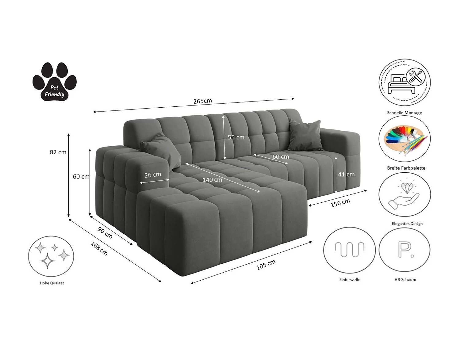 Ecksofa NIMES L-Form, Stoff Portland, Anthrazit, Links