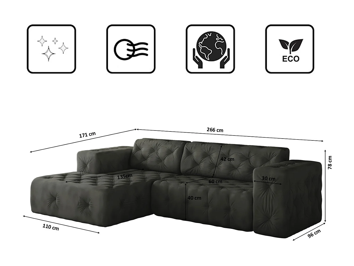 Ecksofa LUX L-Form, Stoff Whisper, Graphit, Links