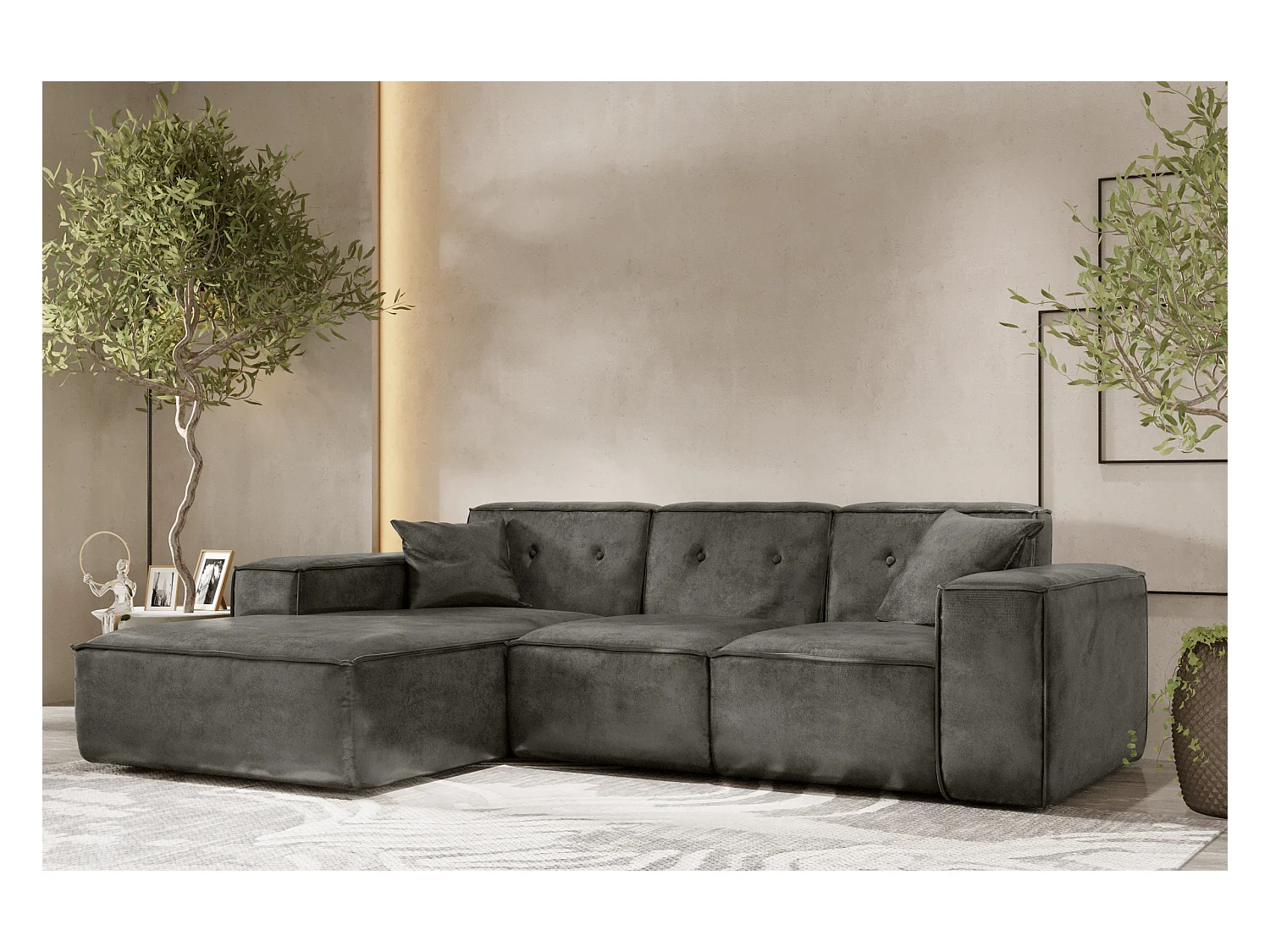 Canapé d'angle en L PULA, tissu Gobi, gris, gauche