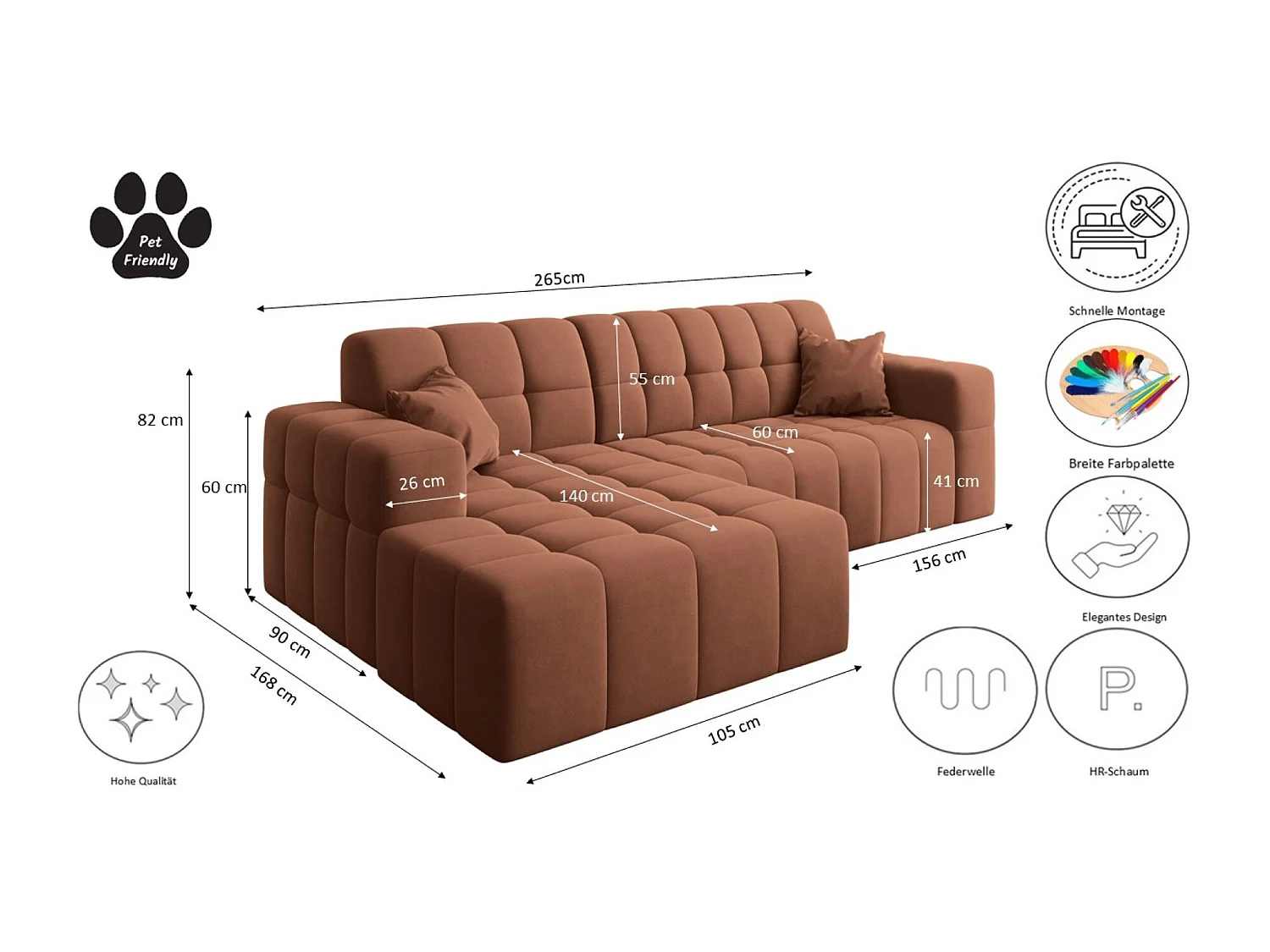 Ecksofa NIMES L-Form, Stoff Portland, Kupfer, Rechts