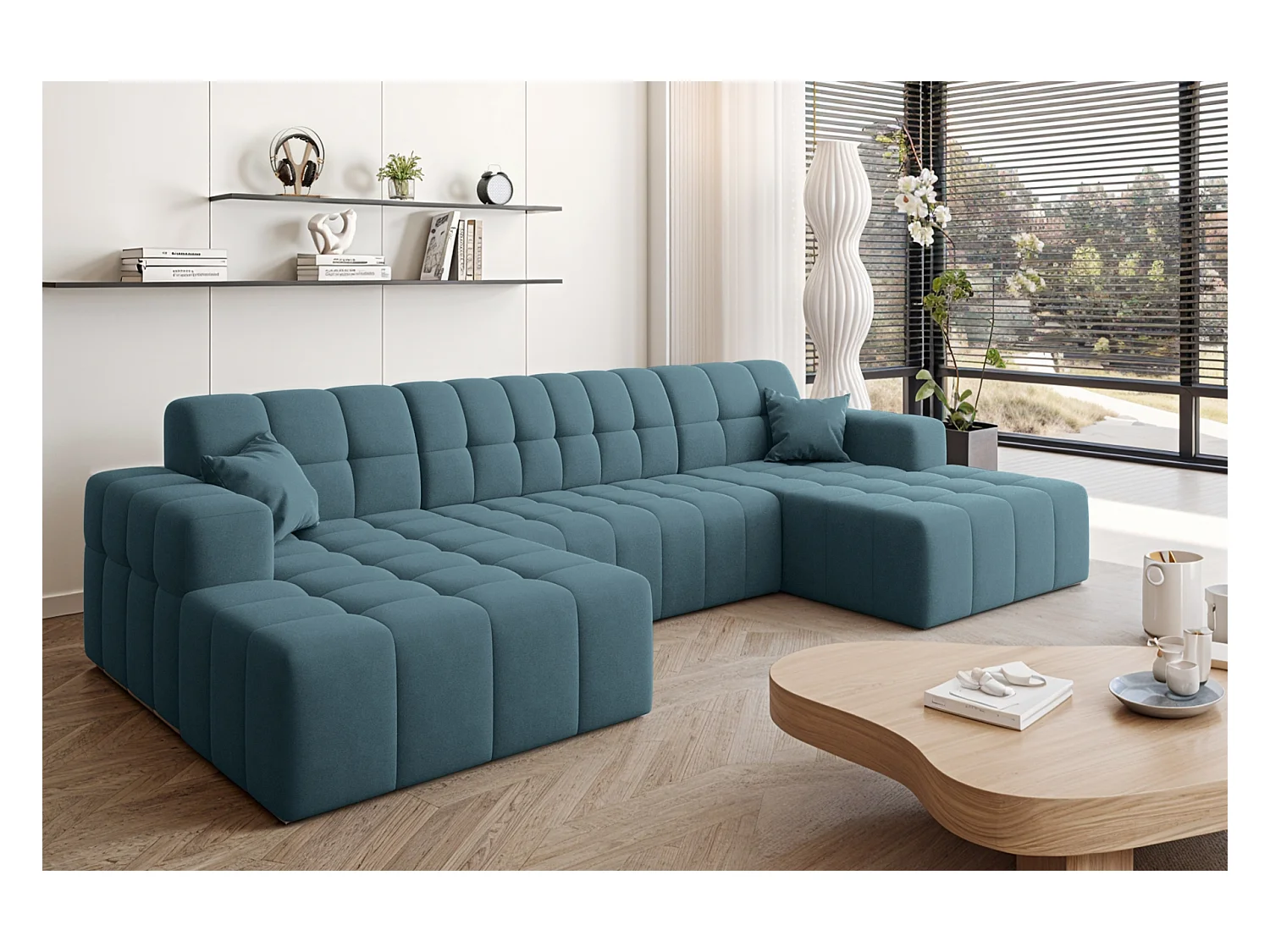NIMES U-vormige hoekbank, stof Portland, blauw
