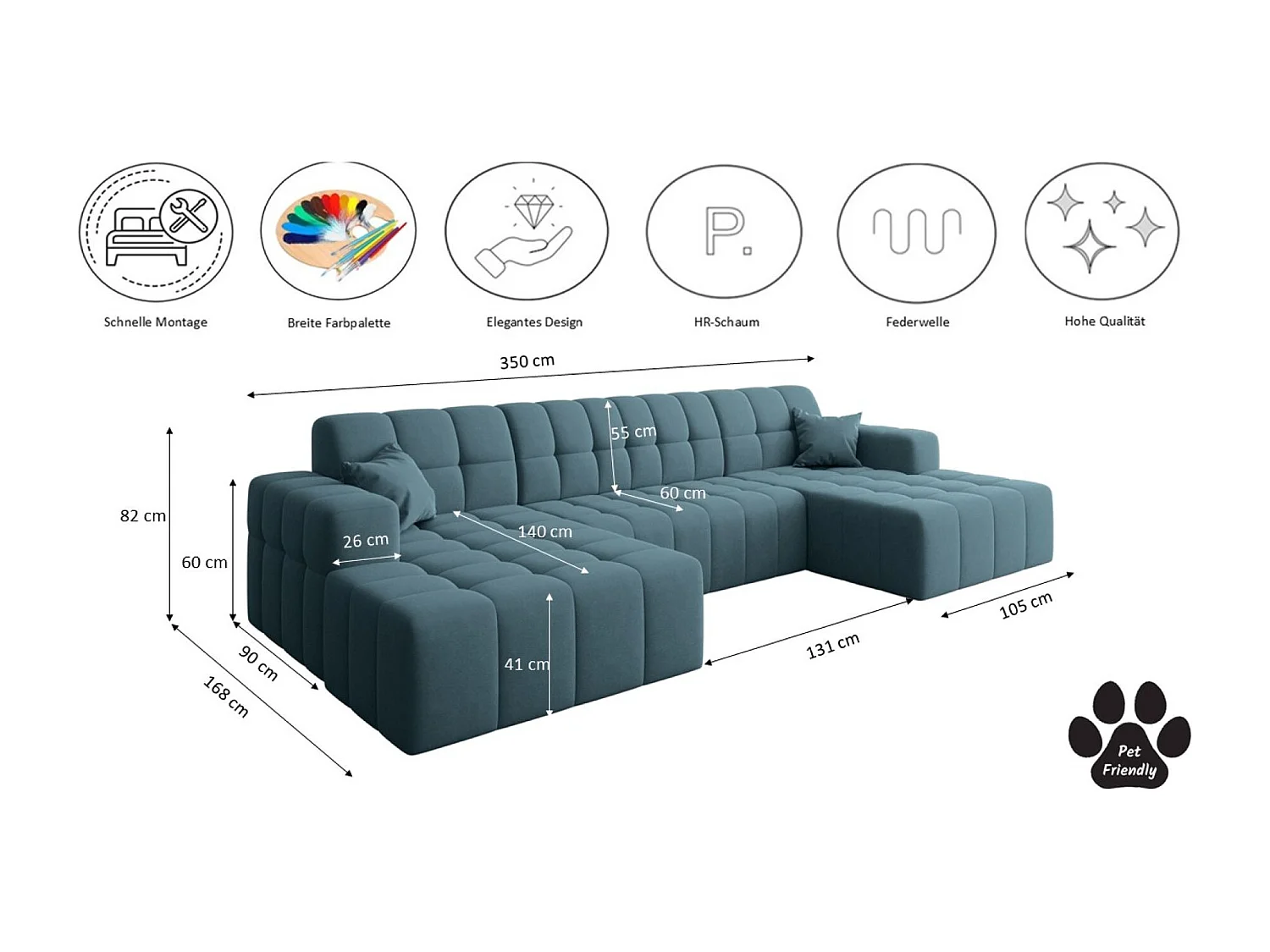 Ecksofa NIMES U-Form, Stoff Portland, Blau