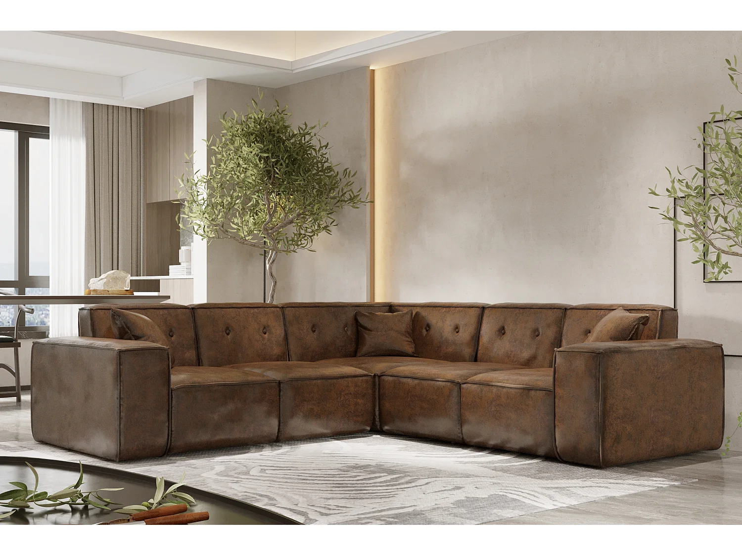 Canapé d'angle PULA, tissu Gobi, marron