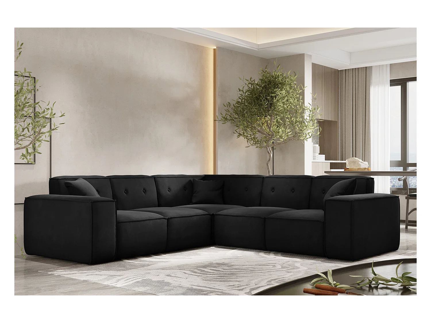 Canapé d'angle PULA, tissu Opera Velvet, noir