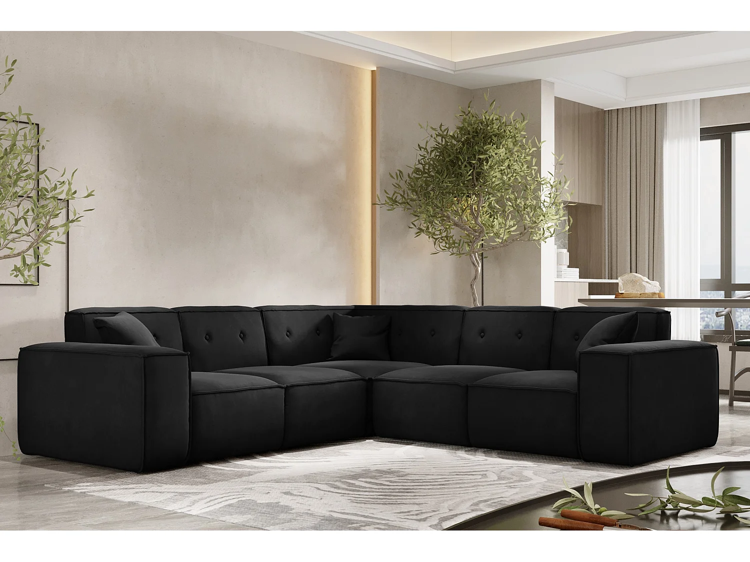 Canapé d'angle PULA, tissu Opera Velvet, noir