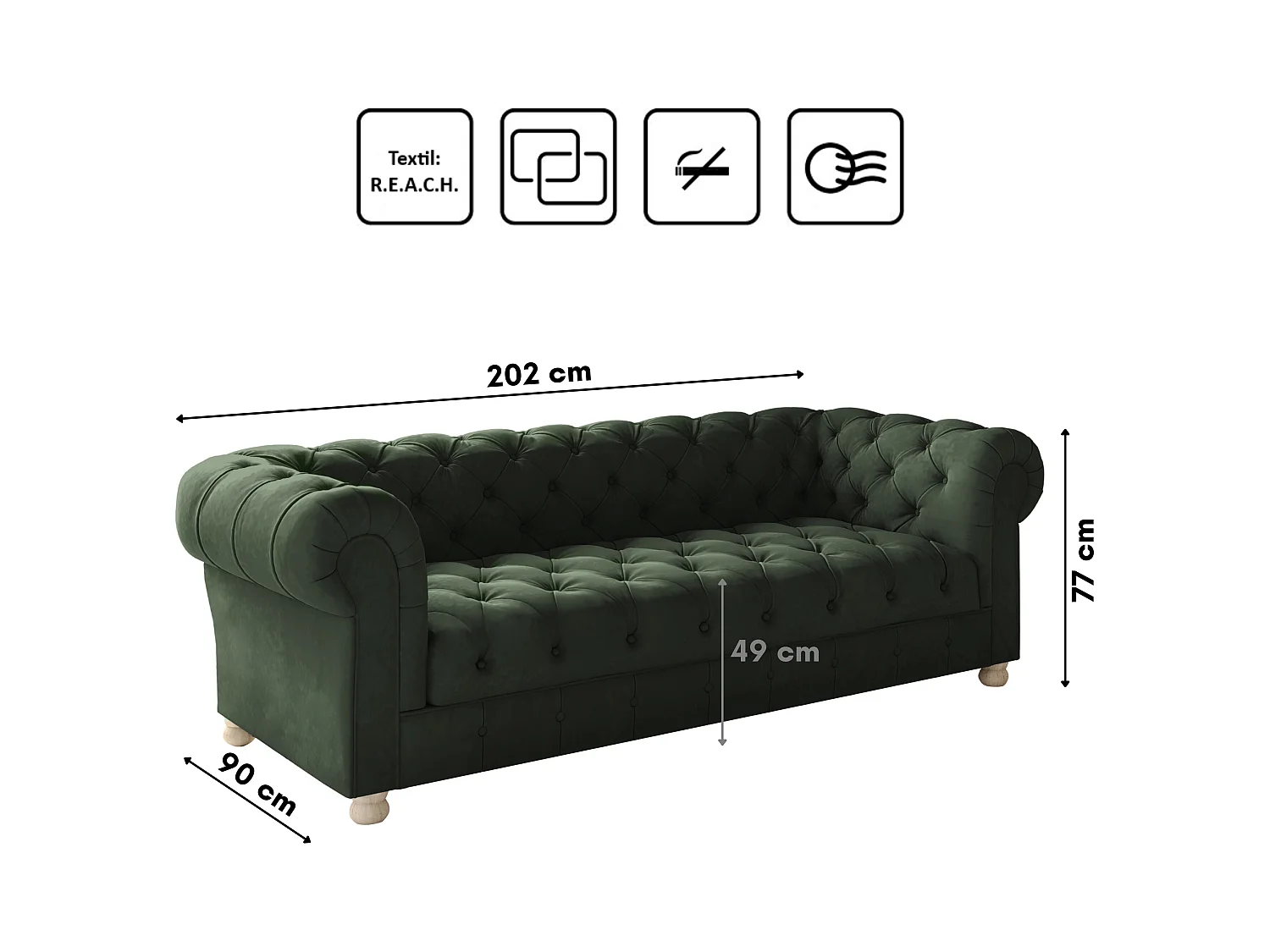 Sofa Dreisitzer CHESTERFIELD, Stoff Whisper, Grün