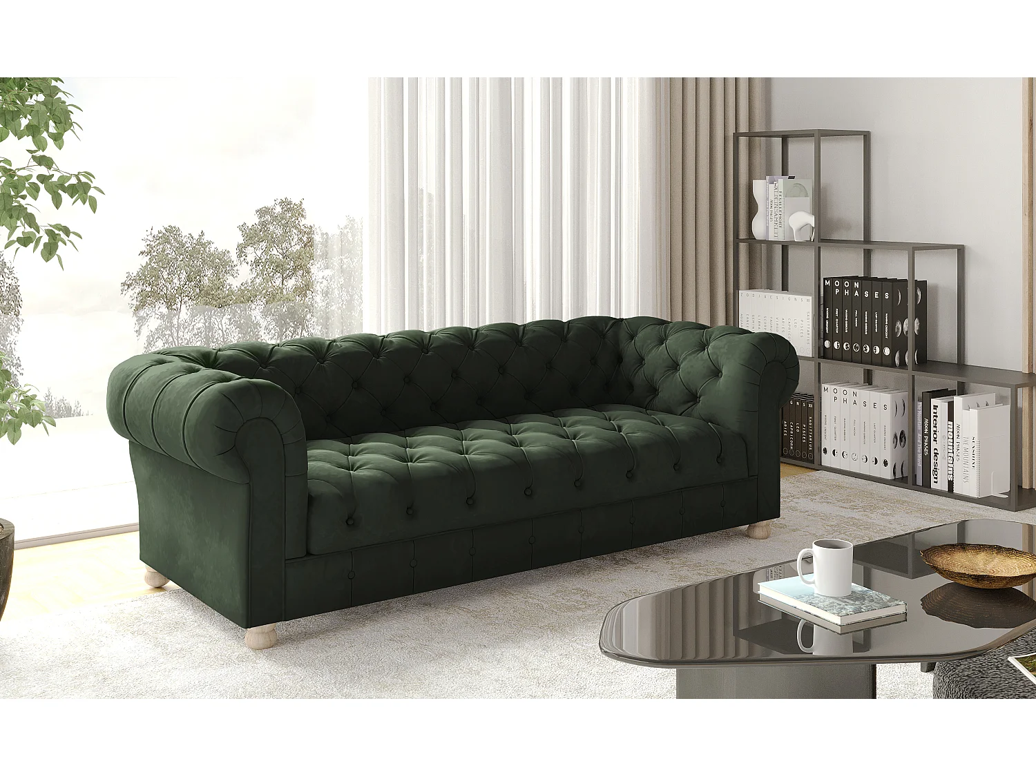 CHESTERFIELD driezitsbank, Whisper stof, groen