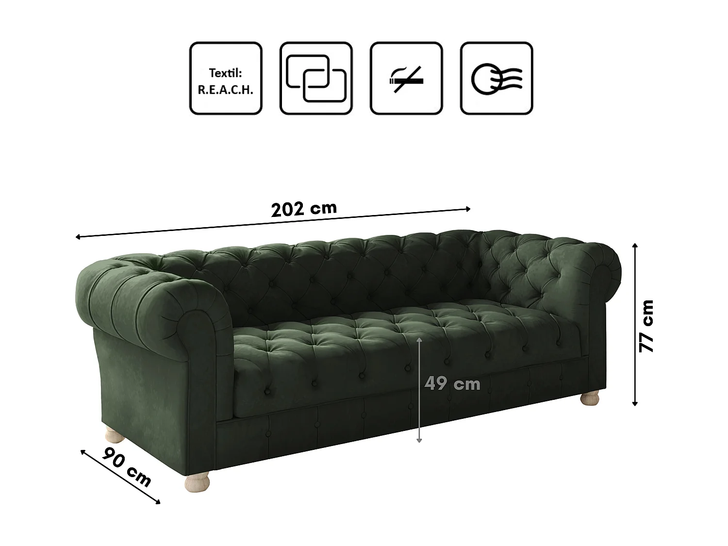 CHESTERFIELD driezitsbank, Whisper stof, groen