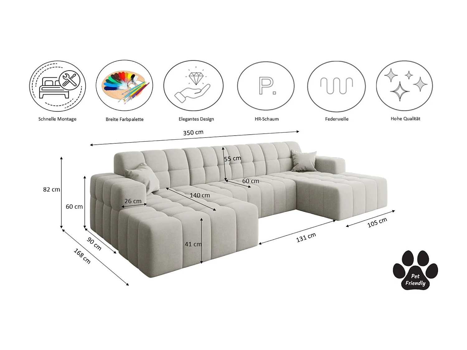 NIMES U-vormige hoekbank, stof Portland, wit