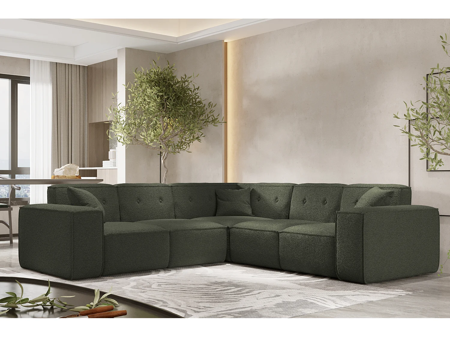 Canapé d'angle PULA, tissu Antic, vert foncé