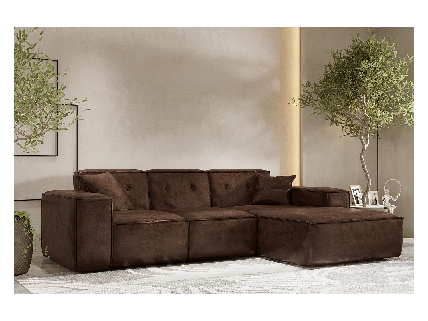 Canapé d'angle PULA en L, tissu Gobi, marron foncé, droit