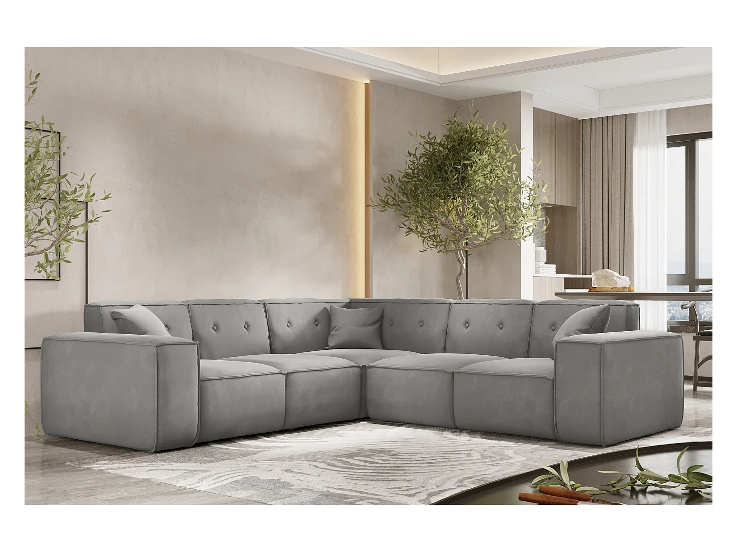 Canapé d'angle PULA, tissu Opera Velvet, gris