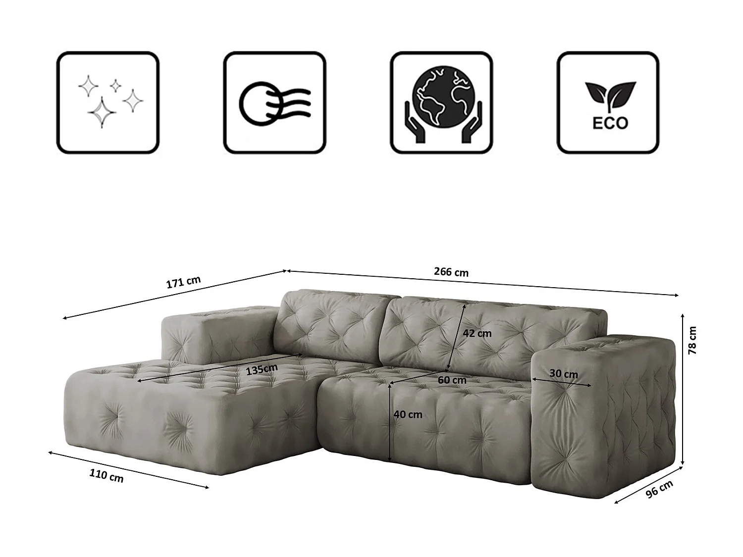 Ecksofa LUX L-Form, Stoff Whisper, Silber, Links