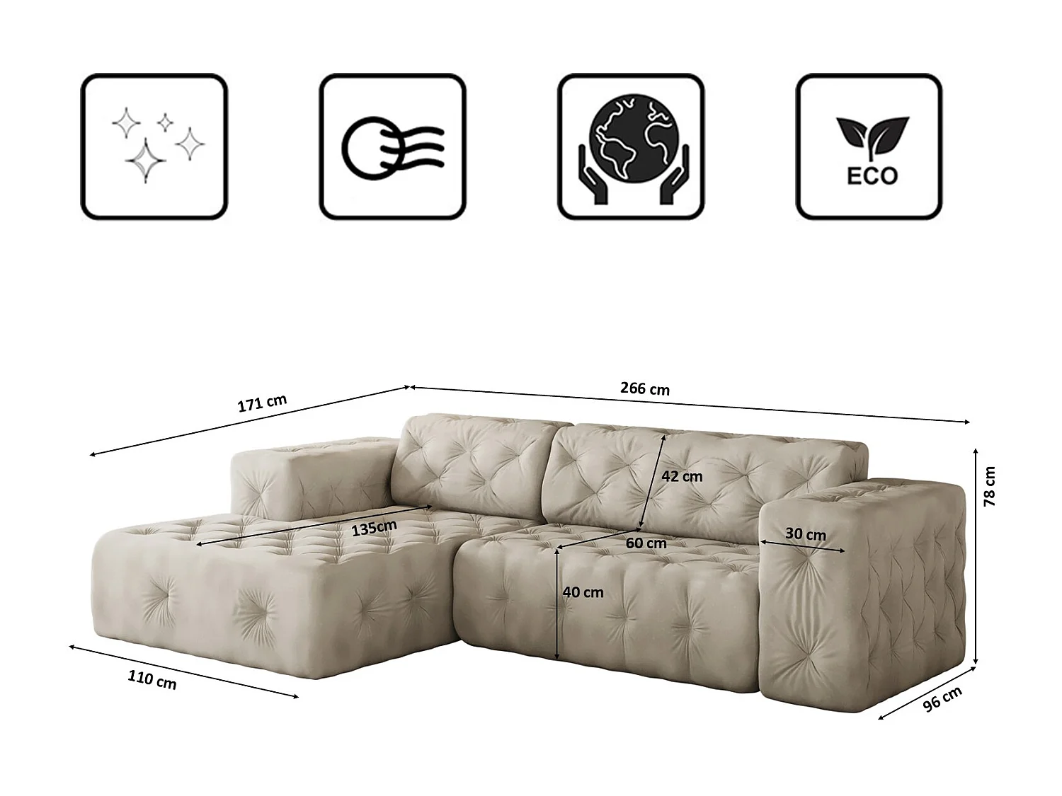 Ecksofa LUX L-Form, Stoff Whisper, Creme, Links