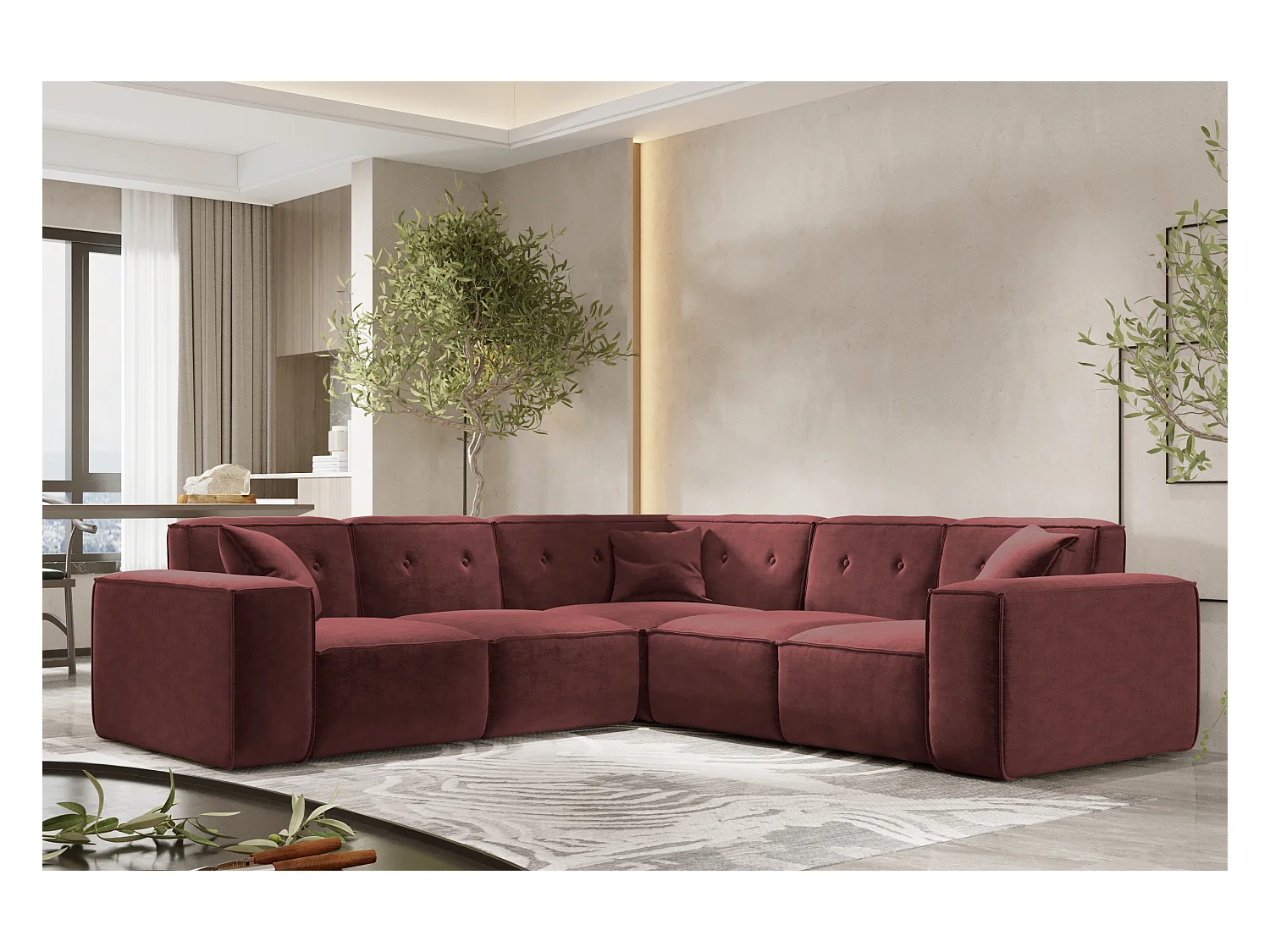 Canapé d'angle PULA, tissu Perfect Harmony, vin rouge