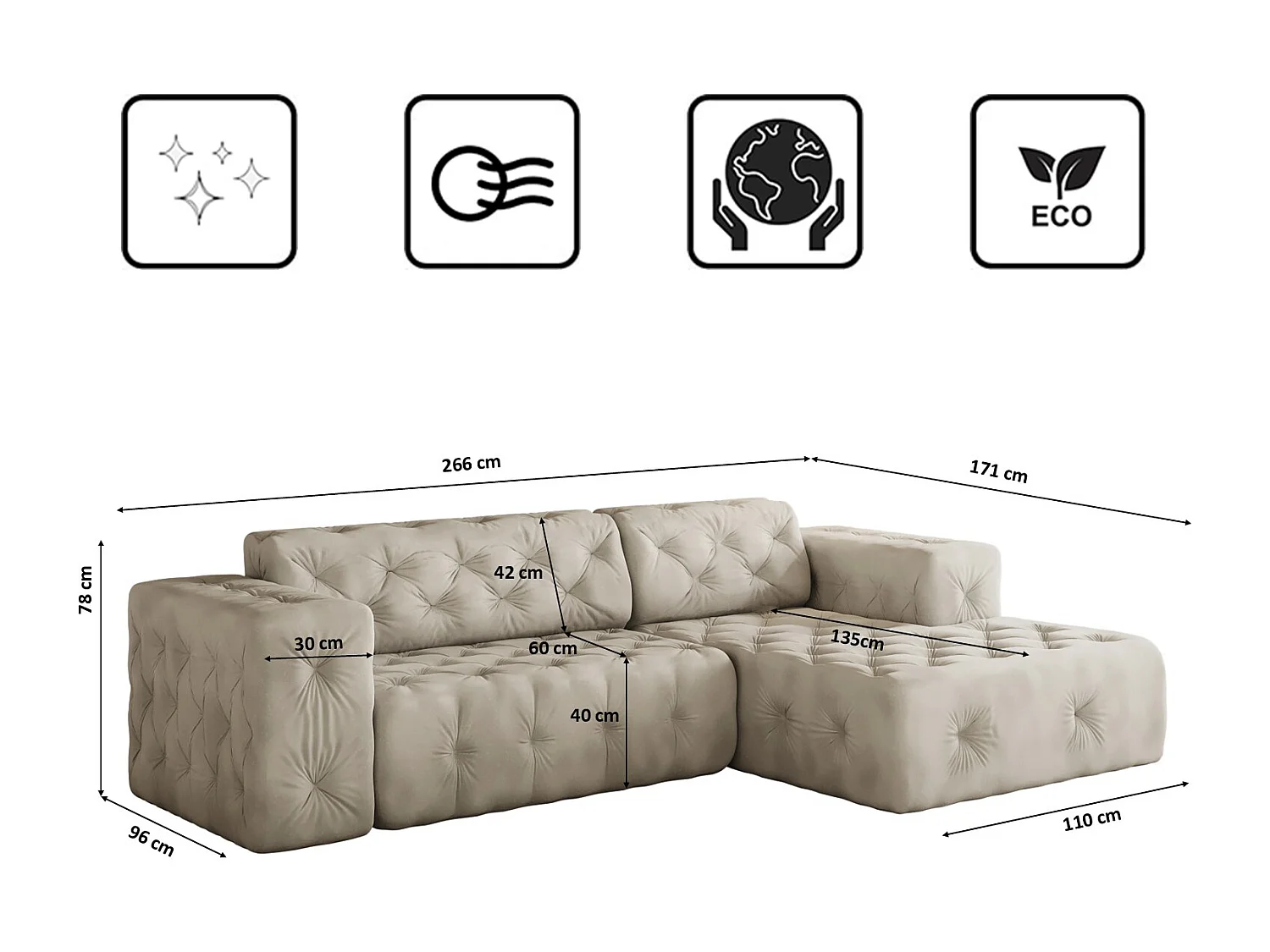 Ecksofa LUX L-Form, Stoff Whisper, Creme, Rechts