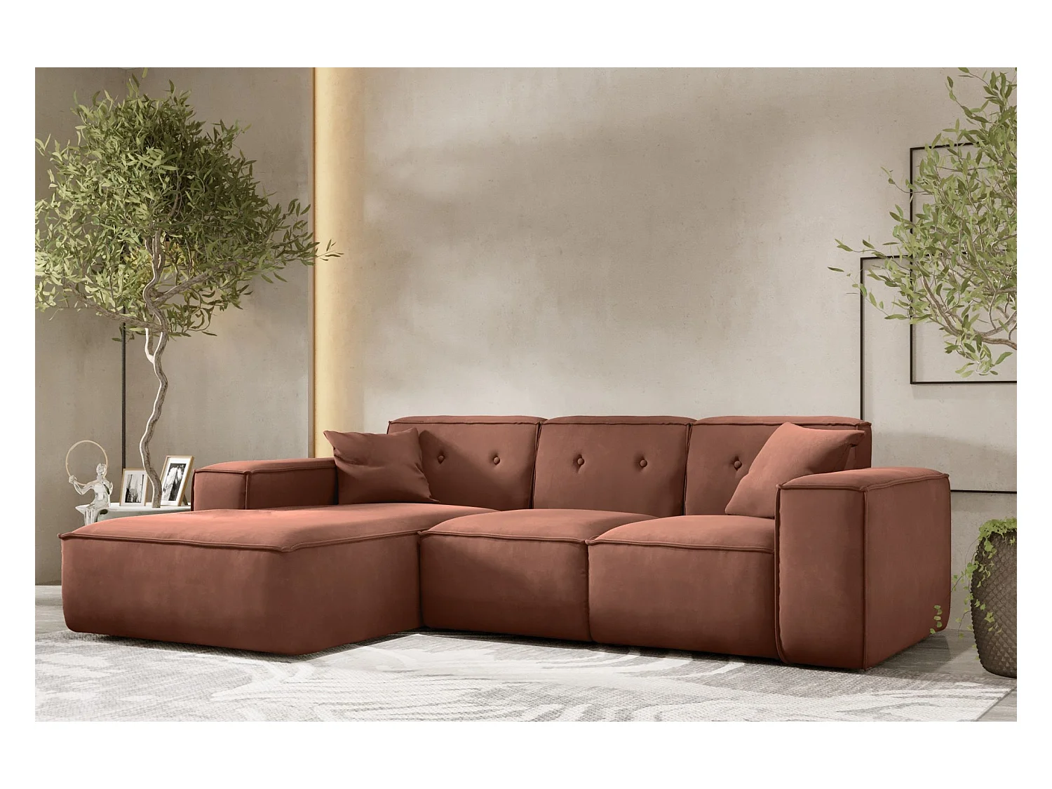 Canapé d'angle PULA en L, tissu velours Opera, brique, gauche