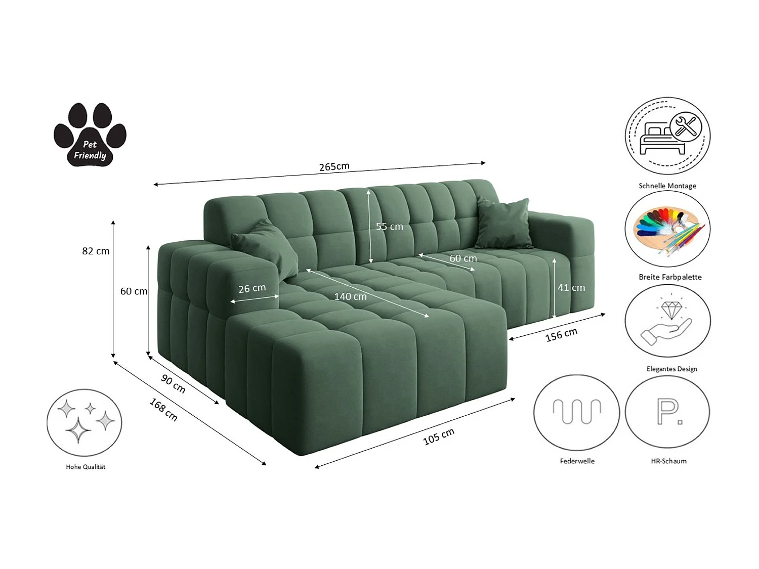 Ecksofa NIMES L-Form, Stoff Portland, Grün, Rechts