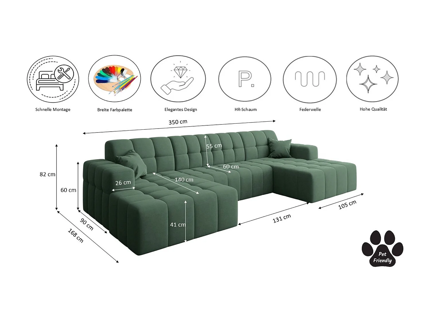 Ecksofa NIMES U-Form, Stoff Portland, Grün