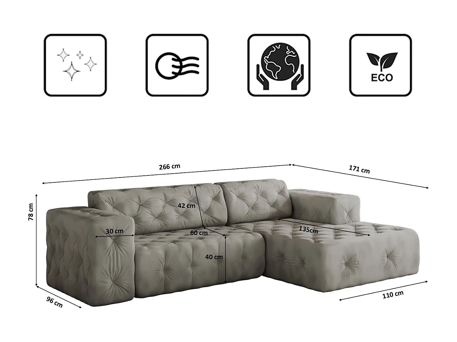 Ecksofa LUX L-Form, Stoff Whisper, Silber, Rechts