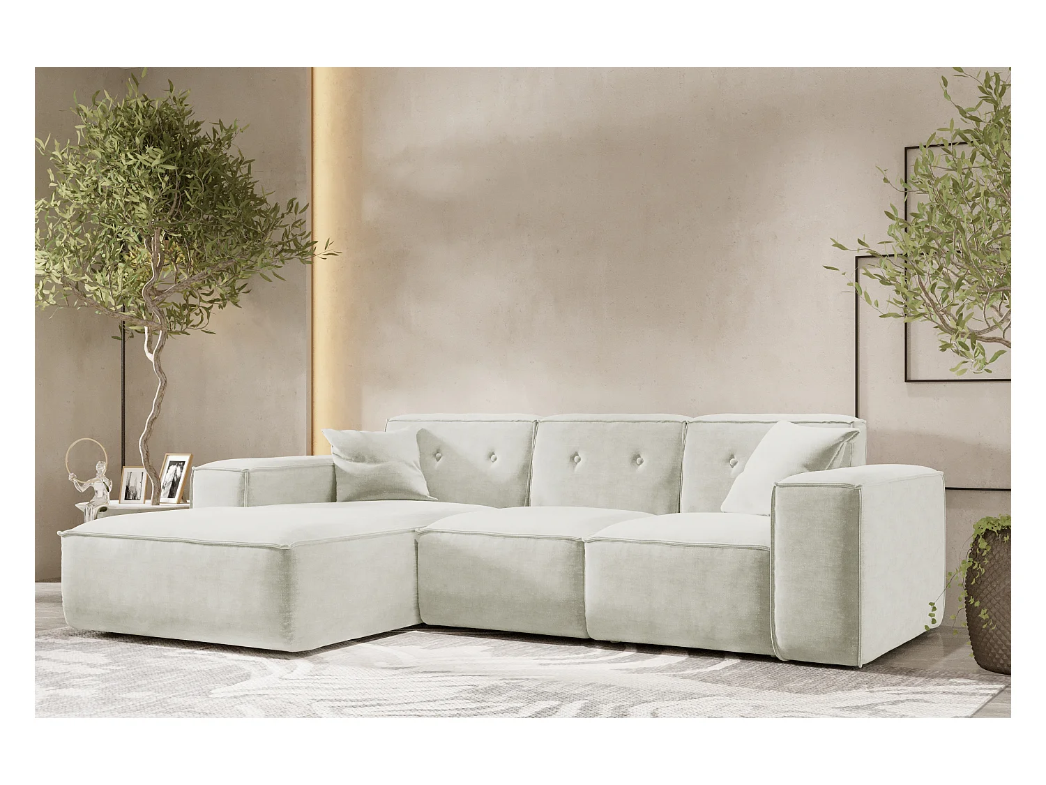 Canapé d'angle en L PULA, tissu Perfect Harmony, beige, gauche