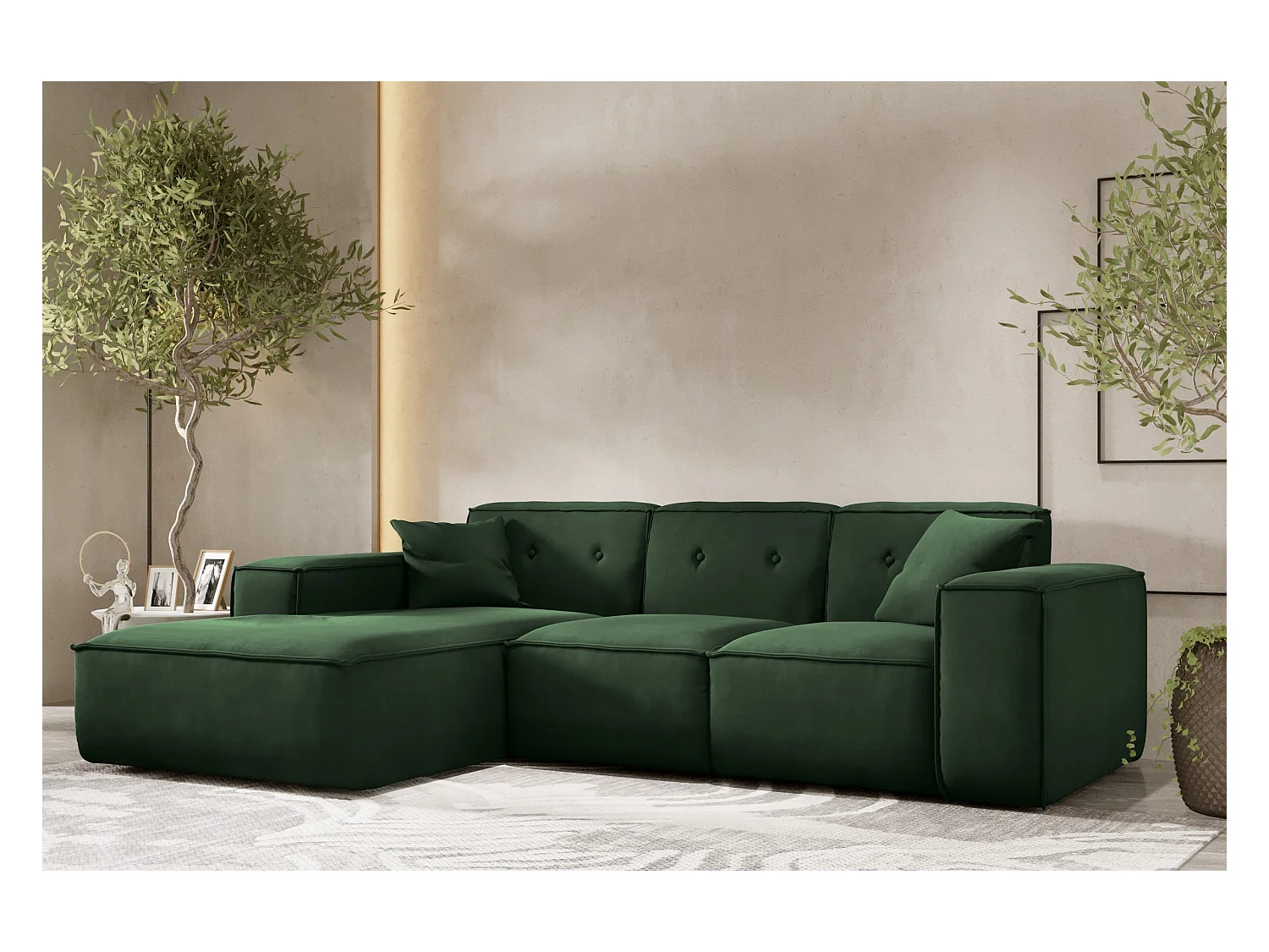 Canapé d'angle en L PULA, tissu Opera Velvet, vert foncé, gauche