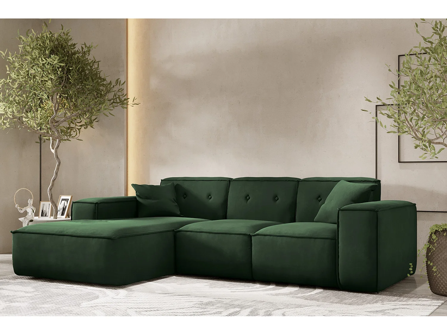 Canapé d'angle en L PULA, tissu Opera Velvet, vert foncé, gauche