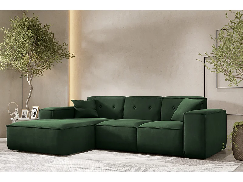 Canapé d'angle en L PULA, tissu Opera Velvet, vert foncé, gauche