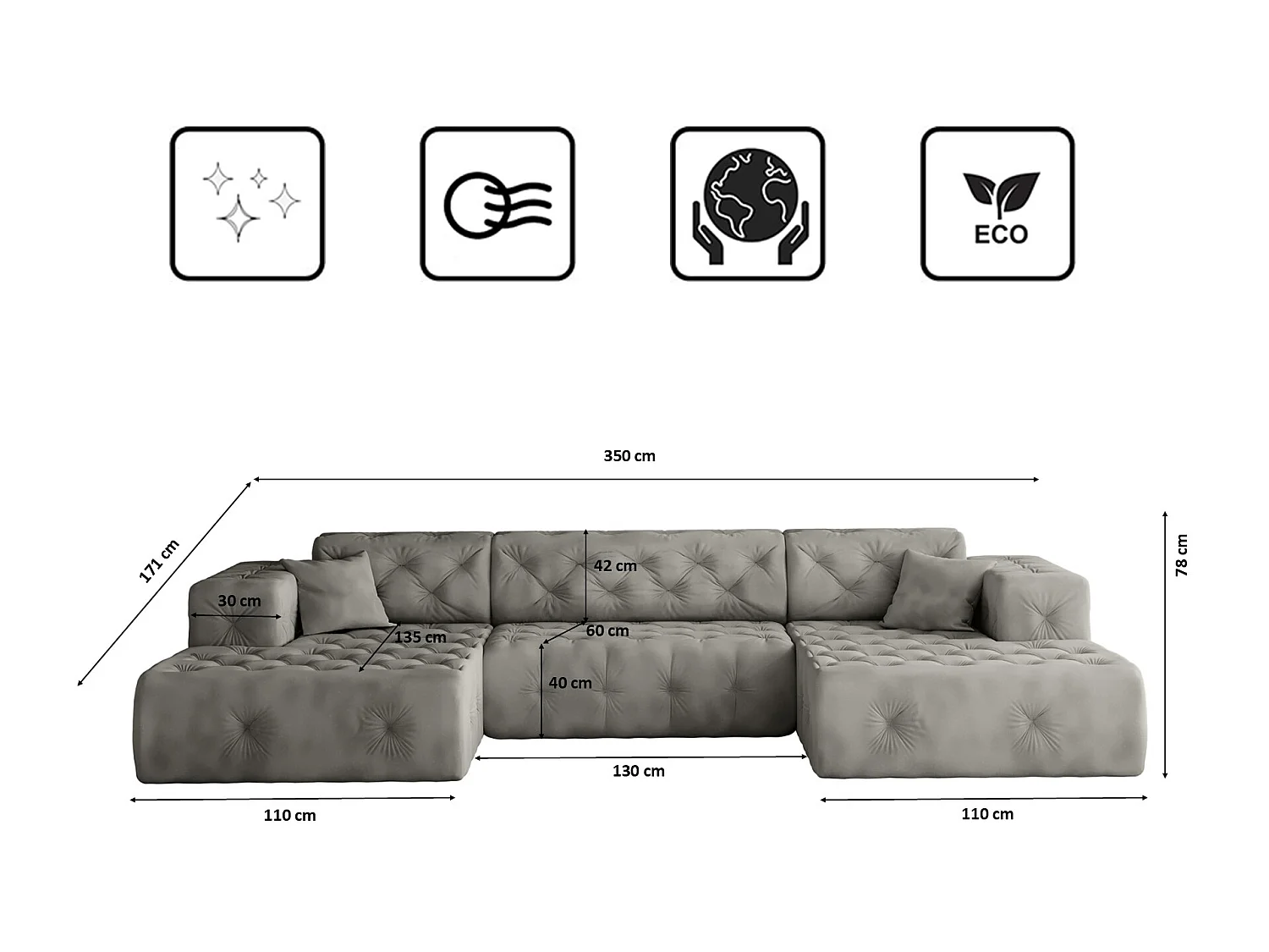 Ecksofa LUX U-Form, Stoff Whisper, Silber