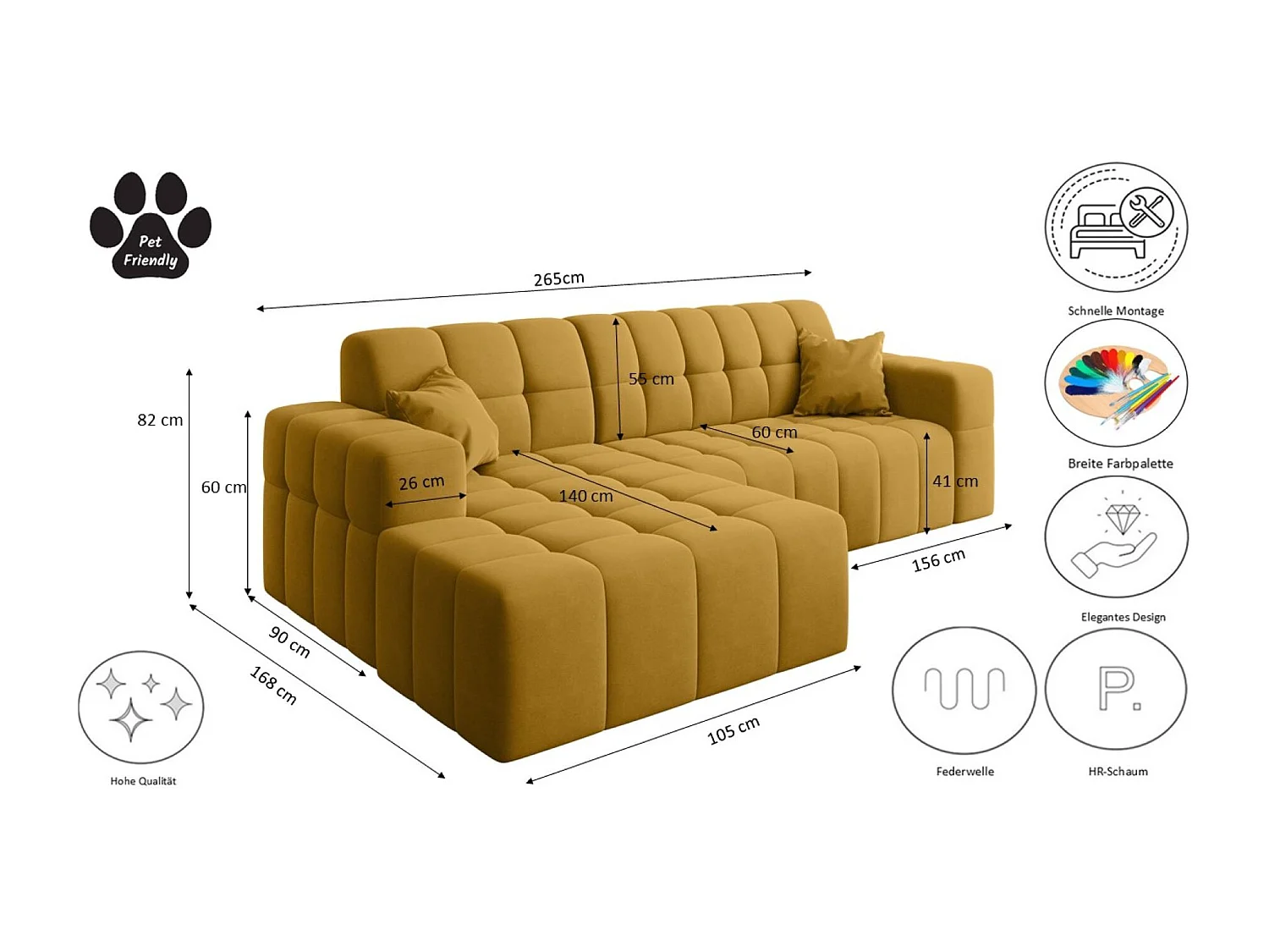 Ecksofa NIMES L-Form, Stoff Portland, Gelb, Links