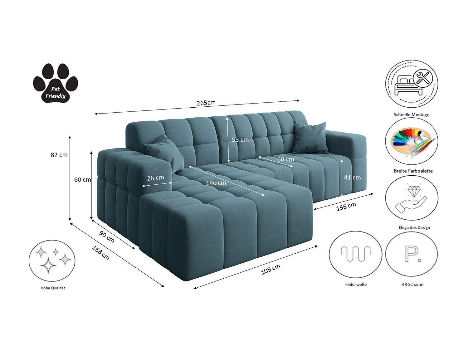 Ecksofa NIMES L-Form, Stoff Portland, Blau, Rechts
