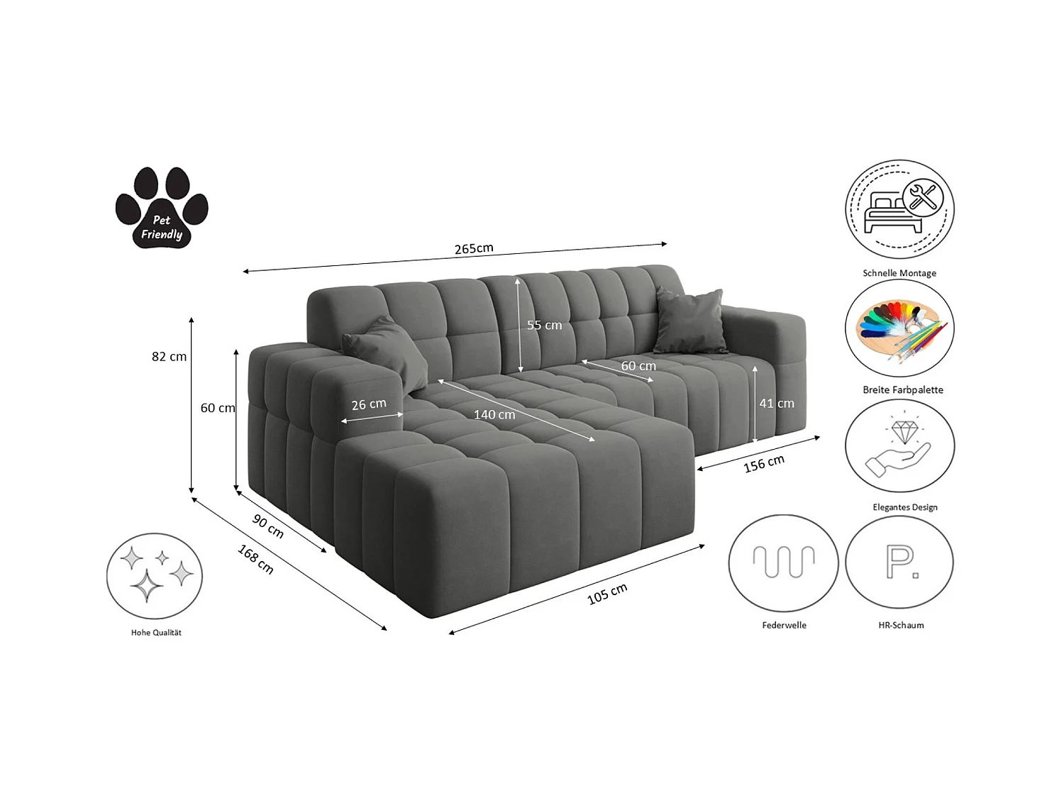 Ecksofa NIMES L-Form, Stoff Portland, Anthrazit, Rechts